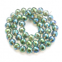 Намистини Скло з Гальванікою, Грановані, Райдужні, Круглі, Колір: Бірюзовий, Розмір: Діаметр 14мм, Отвір 2мм, близько 46шт/68см/нитка, (13WB14709)
