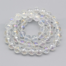 Намистини Скло з Гальванікою, Грановані, Райдужні, Круглі, Колір: Кристал, Розмір: Діаметр 14мм, Отвір 2мм, близько 46шт/68см/нитка, (13WB14716)