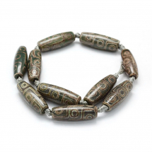 Koraliki Tybetański Styl, Dzi 9 Oczek, Naturalny Agat, Oliwkowy, 29.5-30x8.5-12mm, około 8 szt / 35cm / nić (13WB21459)