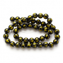 Намистини Натуральний Обсідіан, На нитках, Круглі, з гравіюванням Ом Мані Падме Хум, Колір: Чорний, Розмір: 7 ~ 8 мм, Отвір 1мм, близько 46шт / 37см / нитка, (13WB22969)