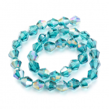 Koraliki Szklane Galwaniczne Tęczowy, Fasetowane, Bicone, Ciemny Turkus, 7.5-8x7.5-8mm, ok. 35szt/28.5cm/nic (13WB29690)