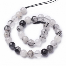 Намистини Натуральний Кварц, На нитках, Круглі, Колір: Чорний, Розмір: 10мм, Отвір 1мм, близько 17шт/18см/нитка, (2WB30815)