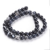 Koraliki Naturalny Agat Paskowany, Okrągłe, Kolor: Czarny, 8mm, około 46szt/37cm/nić (13WB11873)