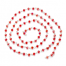 Ланцюг Залізний Намистини Скло Рондель, Ручна Робота, Непаяний, Колір Пінів: Платина, Колір Намистин: Червоний, Розмір: 6х4.5мм, 1м/ланцюг, (13WB29167)