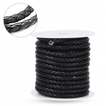 Sznurek ze Sztucznej Skóry, Pleciony, Czarny, Średnica: 6mm, 9m/szpula, (13WB29188)