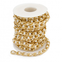 Ланцюг Алюмінієвий з Намистинами Перли Пластиковий, Колір: Світле Золото, Ланка 12х6х2мм, Намистина: 4мм, 5м/котушка, (13WB29208)