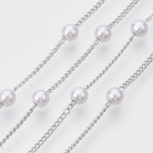 Łańcuszek z Koralikami, Handmade, Mosiądz, Perły Plastiku ABS, Platyna/Biały, 2x1.2x0.4mm, 2m (13WB29277)