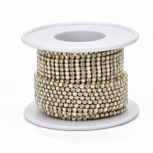 Стразовий Ланцюг з Перлами з Пластика АВС, Золото/Кристал/Білий, 2мм, 9м/котушка, (13WB29301)