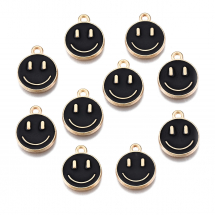 Підвіски Сплав та Емаль, Смайл, Колір: Чорний, Колір Металу: Рожеве Золото, Розмір: 14.5х12х1.5мм, Отвір: 1.5мм, (13WB29048)