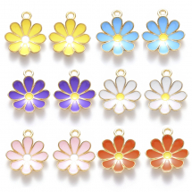 Набір Підвіски Квітка, Емаль, Колір Металу: Світле Золото, Розмір: 19х16х3.5мм, Отвір: 1.8мм, 6 кольорів по 2шт, 12шт/набір, (13WB29063)