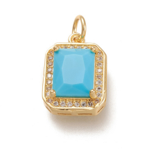 Zawieszki Szklane Prostokątne, Elementy Mosiądz, Pokryte 18K Złoto z Dżetami, Niebieski, 14.5x10.5x5mm, 1szt (13WB29743)