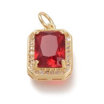 Wisiorki Szklane Prostokątne, Elementy Mosiężne, Pozłacane 18K z Dżetami, Czerwony, 14.5x10.5x5mm, 1szt (13WB29746)