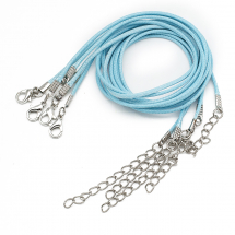 Основа для Намиста, Шнур Вощений Бавовняний, Застібка Карабін і Ланцюг, Блакитний, 43.5смх1.5мм, Застібка 12х7х2.5мм, Подовжувач: 4-4.5см (13WB30054)