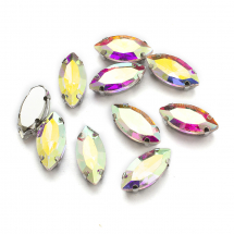 Dżety do Przyszycia w Koszyczku, Szkło i Mosiądz, Przezroczysty AB, 15x7x5mm, Otwór 0.8-1mm, 10szt (13WB29856)