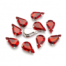 Dżety do Przyszycia w Koszyczku, Szkło i Mosiądz, Kropla, Czerwony, 8x5.5x4mm, otwor 0.8~1mm, 10szt (13WB29881)