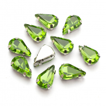 Dżety do Przyszycia, w Koszyczku, Szkło i Mosiądz, Kropla, Zielony, 12.5x8x5mm, 10szt (13WB29884)