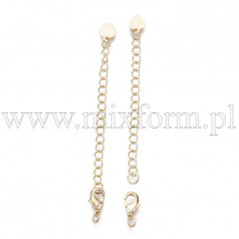 Łańcuch Przedłużeny, Zapięcie Karabińczyk Lobster i Wisiorek Serce, Mosiężne, Pozłacany 18K, 70mm, 2szt (13WB30016)