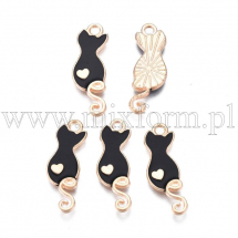 Підвіски Сплав і Емаль, Кіт із Серцем, Чорний/Світле Золото, 24.5х8.5х2мм, Отвір: 1.8мм, (13WB30385)