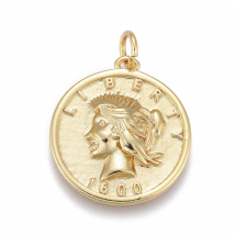 Підвіска Латунь, Плоскі Круглі із зображенням людини і словом Liberty, Стійке Покриття Золото 18К, 20х18х3мм, З'єднувальне кільце 5х1мм, Внутрішній діаметр 3мм, (13WB30744)