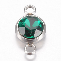 Łącznik Stal Nierdzewna i Szkło, Płaski Okrągły, Kolor: Szmaragdowy, 17.5x10x6.5mm, Otwor 2.5mm, 1szt (13WB30800)