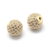 Намистини Латунь з Фіанітами, Круглі, Стійке Покриття Золото, 6х6мм, Отвір 1.5мм, (13WB30801)