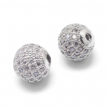 Koraliki Mosiądz z Cyrkoniami, Okrągłe, Powłoka Odporna, Platyna, 6x6mm, otwor 1.5mm, 2szt (13WB30802)