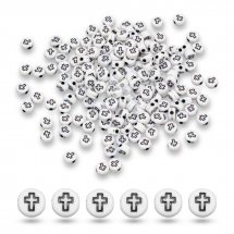 Koraliki Akrylowe Nieprzejrzyste z Krzyżem, Płaskie Okrągłe, Białe, 7x4mm, okolo 180szt / 25g (13WB31231)