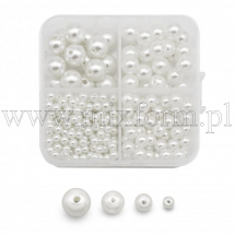 Zestaw do Tworzenia Biżuterii, Koraliki Perłowe Akryl i Plastik, Białe, 4mm, 6mm, 8mm, 10mm, 370szt/set (13WB31205)