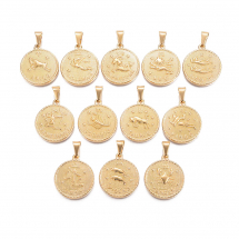 Набір 12шт Підвіски Знаки Зодіаку, Нержавіюча Сталь, Позолота 18К, 29х25х3.2мм, Отвір 9х4.5мм, 12 знаків/набір, (13WB30941)