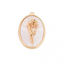 Підвіска Кулон Латунь та Білий Перламутр, Овал, Червнева Троянда, Позолота 18К, 27х18х4мм, Отвір 1.8мм, (13WB30960)