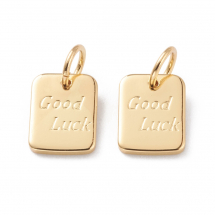 Підвіски Латунь, Прямокутні, "Good Luck", Стійке Покриття Золото 18К, 9х7х1мм, Сполучне колечко 5х1мм, Внутрішній діаметр 3мм, (13WB31175)