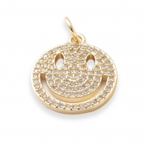 Підвіска Латунь, Смайл з Фіанітами, Плоскі Круглі, Покриття Золото 18К, 17х14.5х1.5мм, З'єднувальне кільце: 5х1мм, Внутрішній діаметр 3.5мм, (13WB31177)