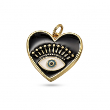 Підвіска Серце з Оком, Латунь, Емаль і Фіаніти, Покриття Золото 18К, Колір: Чорний, 18х19х2.4мм, Отвір 3.2мм, З'єднувальне кільце 5х0.9мм, (13WB31178)