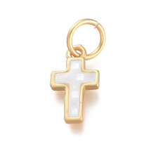 Кулон Натуральний Річковий Перламутр, Хрест, Білий, Фурнітура латунь, Матове Золото, 12х7х2.2мм, Отвір 4.5мм, (13WB31271)