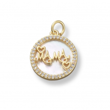 Wisiorek Mosiądz z Masą Perłową i Circonia, Płaski Okrągły, "Mama", Złoty, 18x15.5x3mm, otwór 3.5mm, 1szt (13WB31303)