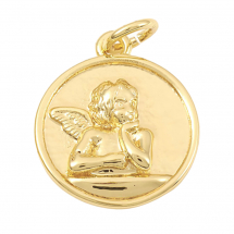 Кулон Ангел, Латунь, Плоский Круглий, Позолота 18К, 16.5х14х3мм, Отвір 3мм, (13WB31321)