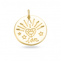 Кулон, Латунь, Плоский Круглий зі словом "Love", Покриття Золото 15К, 15х1.5мм, Отвір 3мм, Сполучне кільце 5х1мм, (13WB31322)