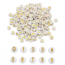 Koraliki Akrylowe Cyfry, Płaskie Okrągłe, Biały/Złoty, 7x4mm, 160szt/25g (13WB31305)