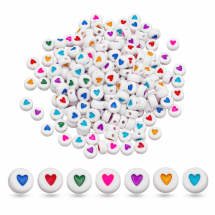 Намистини Акрил Непрозорі з Серцем, Плоскі Круглі, Колір: Білий, Серце: Емаль, Колір: Мікс, 7х3.5мм, Отвір1.2мм, 170шт/25г, (13WB31343)