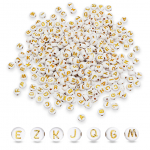 Koraliki Akrylowe Alfabet do Bransoletek, Płaskie Okrągłe, Białe, Złote Litery, 7x4mm, 50g~350szt (13WB31475)