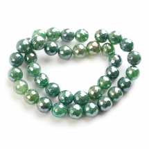 Намистини Натуральний Агат Круглі Гранені, Гальваніка, Покриття Перламутрове, Морський Зелений, 10.5мм, Отвір 1.2мм, близько 36шт/37см/нитка, (13WB31601)