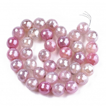 Намистини Натуральний Агат Круглі Гранені, Гальваніка, Перламутрове Покриття, Блідо-Рожевий, 10.5мм, Отвір 1.2мм, близько 36шт/37см/нитка, (13WB31603)