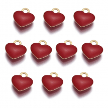 Кулон Підвіска Серце з Латуні з Емаллю, Стійке Покриття Золото 18К, Червоний, 10х9х2мм, Отвір 1.6мм, 10шт/упаковка (13WB31404)