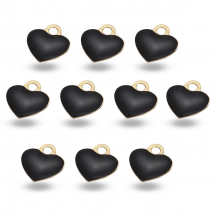 Кулон Підвіска Серце з Латуні з Емаллю, Стійке Покриття Золото 18К, Чорний, 10х9х2мм, Отвір 1.6мм, 10шт/упаковка (13WB31405)