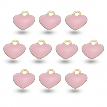 Кулон Підвіска Серце з Латуні з Емаллю, Стійке Покриття Золото 18К, Рожевий, 10х9х2мм, Отвір 1.6мм, 10шт/упаковка (13WB31406)