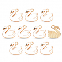 Підвіски Кулони Лебідь Сплав та Біла Емаль, Світле Золото, Біла Емаль 14х14х2мм, Отвір 1.8мм, (13WB31919)