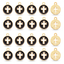 Підвіски Кулони Сплав та Чорна Емаль Плоскі Круглі з Хрестом, Світле Золото, 15х12х1.2мм, Отвір 1.6мм, (13WB31920)