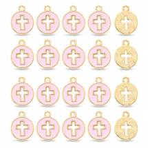 Zawieszki Wisiorki do Rękodzieła i Biżuterii, Płaskie Okrągłe, Krzyż, Stop/Emalia, Perłowy Róż, 15mm, 20szt (13WB31927)