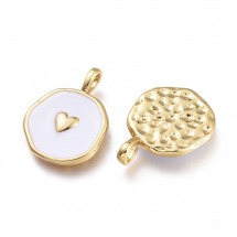 Zawieszki Wisiorki do Rękodzieła i Biżuterii, Płaskie Okrągłe z Sercem, Mosiądz i Emalia, Złoto, 20mm, 2szt (13WB32035)