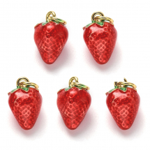 Zawieszki Truskawka, Mosiądz i Emalia, Odporna Powłoka, Pozłacany 18K, Czerwony, 11.5x7.5mm, 5szt (13WB31917)